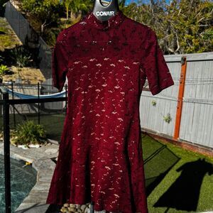 BCBGMAXAZRIA Burgundy Lace Dress Size M | Sheer Overlay | Cocktail Evening